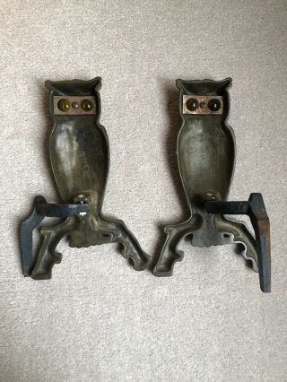 Antique Cast Iron Owl Andirons W/ Glass Amber Eyes 3
