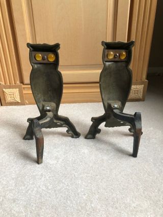 Antique Cast Iron Owl Andirons W/ Glass Amber Eyes 4
