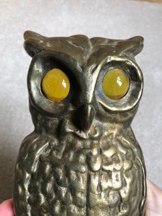 Antique Cast Iron Owl Andirons W/ Glass Amber Eyes 7
