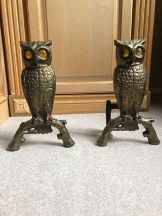 Antique Cast Iron Owl Andirons W/ Glass Amber Eyes 8