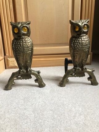 Antique Cast Iron Owl Andirons W/ Glass Amber Eyes 9