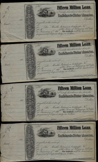 Group Of 4 Confederate States America Csa Treasury Receipts For Cotton Exports