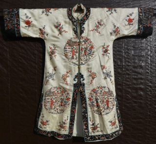 Old Chinese Silk Embroidery Forbidden Stitch Lady ' s Robe Jacket Figure Medallion 2