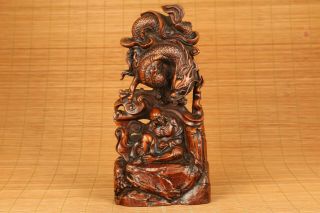 Big Chinese Old Boxwood Hand Carved Dragon Buddha Monk Statue Netsuke