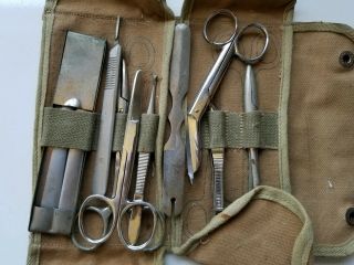 OLD ANTIQUE WW2 SURGEON ' S KIT - SURGICAL TOOLS - CANVAS BAG IDENTIFIED 4