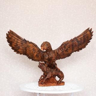 Vintage Hand Carved Large Wooden Figure Of An Eagle Fight With Wolf