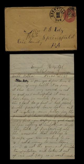 111th Pennsylvania Infantry Civil War Letter From Hospital Tullahoma,  Tennessee