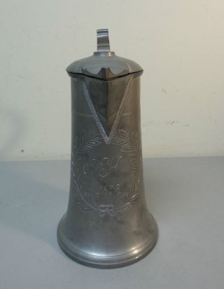 Unusual 19th C.  Engraved Pewter Lidded Tankard / Flagon,  Dated 1838