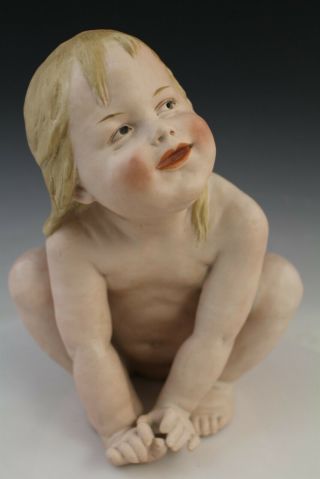 Antique Stamped Bisque Porcelain Naked Playful Baby Girl Figural Statue Figurine