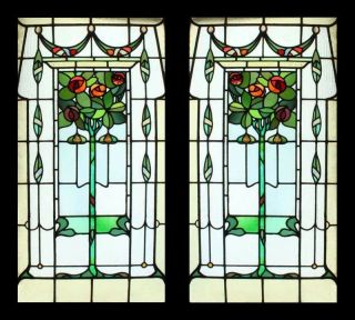 Very Rare Art Nouveau Mackintosh Rose Flower Tree Pair Stained Glass Windows