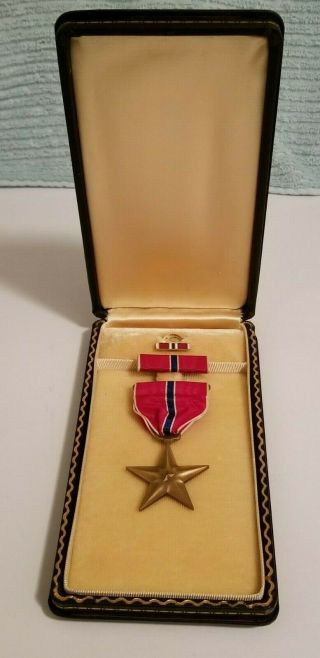 Vintage Ww2 Us Bronze Star Medal Slot Brooch Ribbon Bar Lapel Pin In Case
