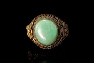 Antique Chinese Apple Green Jade Silver Ring Adjustable A87730