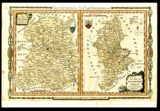 1784 Hand - Colored Map Of Shropshire & Staffordshire Coat Of Arms Cartouches