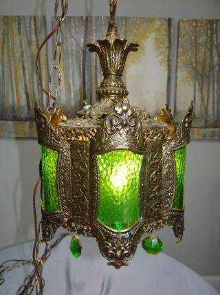 Gothic Revival Hanging Light Fixture Green Crystals Glass Swag Lamp Spanish Vtg