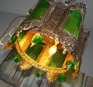 Gothic Revival Hanging Light Fixture Green Crystals Glass Swag Lamp Spanish Vtg 2