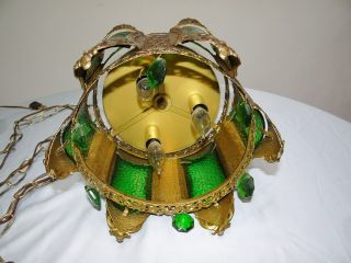 Gothic Revival Hanging Light Fixture Green Crystals Glass Swag Lamp Spanish Vtg 4