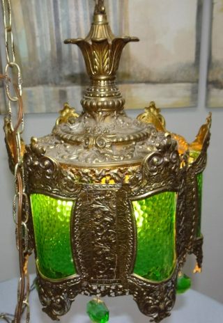 Gothic Revival Hanging Light Fixture Green Crystals Glass Swag Lamp Spanish Vtg 7