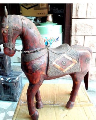Wooden Horse Unique Brass Bone Fitted Vintage Old Horse Statue Indian Art