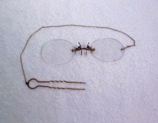 Antique Pince - Nez Rimless 10k Gold Bridge Eyeglasses Spectacles W/ Chain & Clip