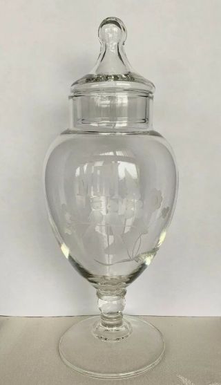 Vintage Glass Candy Trinket / Apothecary Jar With Lid Etched Mom Floral Pattern