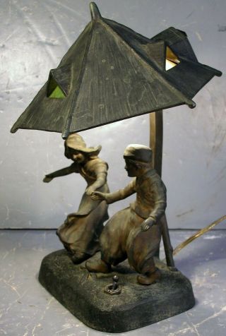 Antique German Arts Crafts Slag Glass Figural Accent Lamp Dancing Dutch Couple