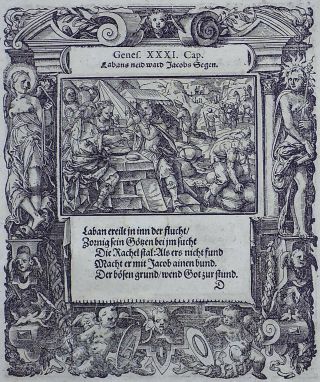 1576 Tob Stimmer 2 Woodcuts - Jacob Flees From Laban - Mannerist Borders