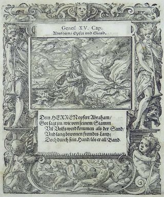 1576 Tob Stimmer 2 Woodcuts - Genesis 14 - 15 Abraham - Mannerist Borders