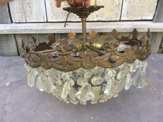 Antique Crystal Chandelier Brass 4 - Lt 16 In.  Hollywood Regency Beaded Basket