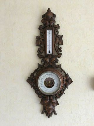 Large Antique French Wall Black Forest Barometer Thermometer Fruits Carved Wood