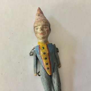 Antique Primitive American Folk Art Hand Carved Miniature Toy Jester - 2.  5” 2