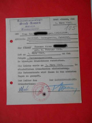 Kz Lager Gross Rossen 1943 Rare Document Judaica To Ghetto Type 2