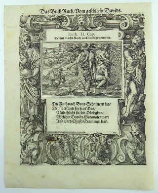 1576 Tob Stimmer 2 Woodcuts Samson And Delilah & Ruth Boaz Mannerist Borders