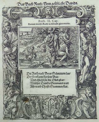 1576 Tob STIMMER 2 woodcuts Samson and Delilah & Ruth Boaz Mannerist Borders 2