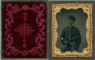 Quarter Plate Tintype Of Armed Cavalry Troop With Sword And Army Revolver