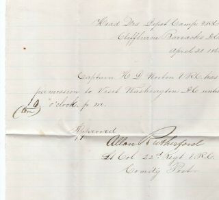 1864 Permission For Capt Norton To Visit Washington,  Dc