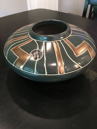 Large Art Deco Harris Pottery Bowl Chicago Green And Gold Perfect