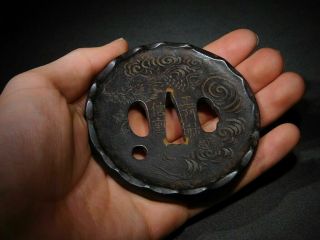 Double Signature Dragon KATANA TSUBA 19thC Japanese Edo Antique for Koshirae 7