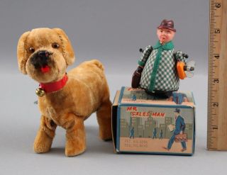 Vintage Alps Japan Tin Wind - Up,  Mr.  Salesman & Box,  Walking Dog Toy,  Nr
