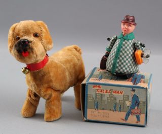 Vintage Alps Japan Tin Wind - Up,  Mr.  Salesman & Box,  Walking Dog Toy,  NR 2