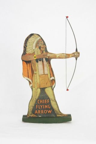 Vintage Native American Chief Flying Arrow Paper Litho Metal Bow Toy Advertising