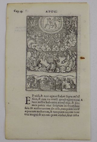 1541 REGNAULT BIBLE - Fine rubricated woodcut leaf - Lamb and the 144,  000 2