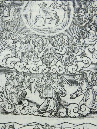 1541 REGNAULT BIBLE - Fine rubricated woodcut leaf - Lamb and the 144,  000 3