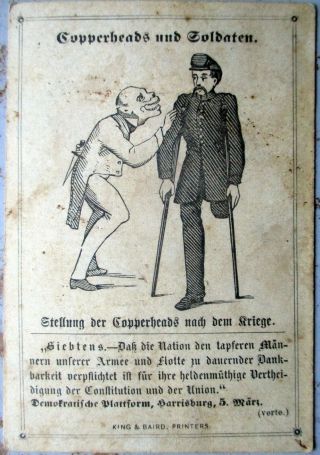 Ca.  1864 Civil War German - American Card - Soldiers Vs.  Copperheads