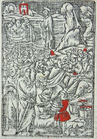 1541 Regnault Bible - Fine Rubricated Woodcut Leaf - Jesus Feeds The 5000