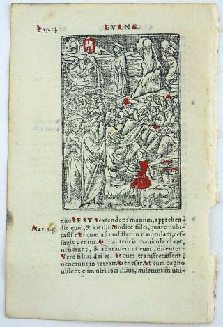 1541 REGNAULT BIBLE - Fine rubricated woodcut leaf - Jesus Feeds the 5000 2