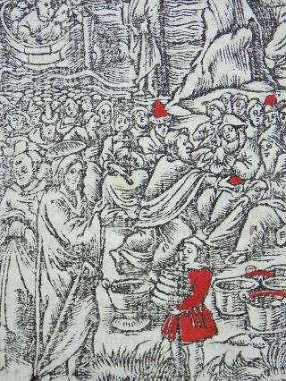 1541 REGNAULT BIBLE - Fine rubricated woodcut leaf - Jesus Feeds the 5000 3