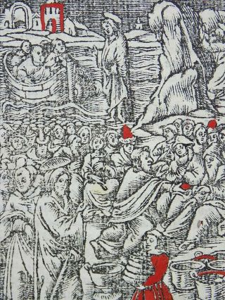 1541 REGNAULT BIBLE - Fine rubricated woodcut leaf - Jesus Feeds the 5000 4