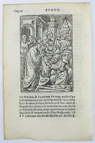 1541 REGNAULT BIBLE - Fine rubricated woodcut leaf - Jesus Comforts the Sisters 2
