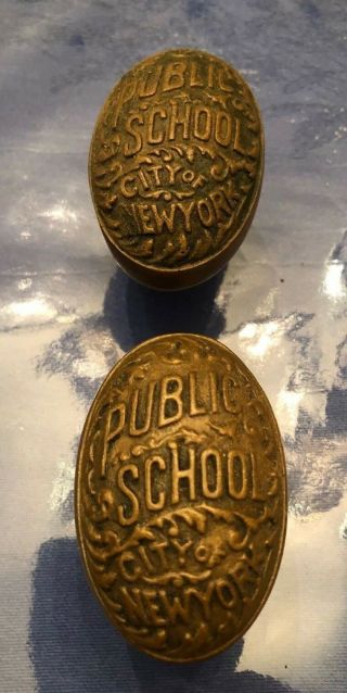 1 Pair Antique Brass Or Bronze ? Public School City Of York Door Knobs 1890