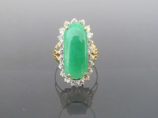 Vintage 18k Solid Gold Green Jadeite Jade & White Topaz Saddle Ring Size 7